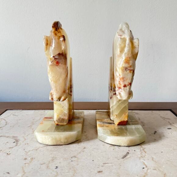 Vintage Horse Head Bookends Carved Onyx Marble Academia MCM Chess Knight PAIR - Picture 3 of 11
